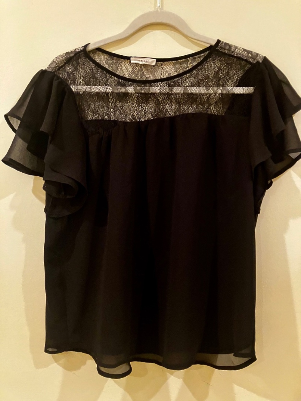 Pleione Black Flutter Sleeve Lace Inset Blouse